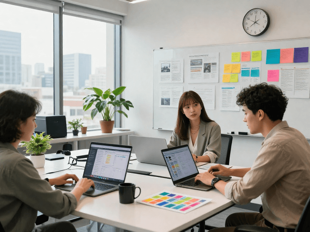 Collaborative workspace producing ai 18+ content with teams brainstorming creative strategies.
