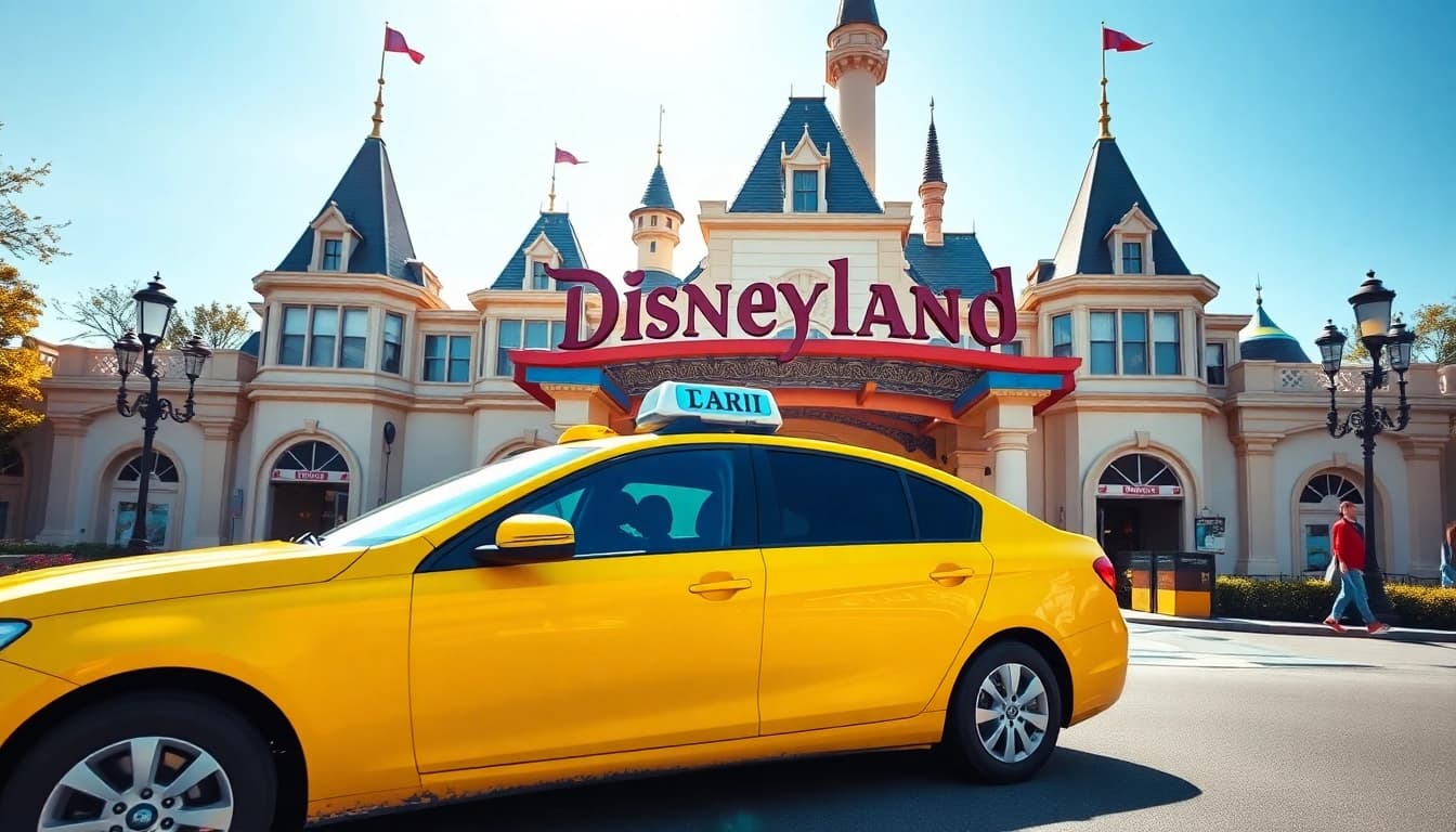 Taxi from Paris airport to Disneyland, showcasing a modern taxi against Disneyland's vibrant entrance.