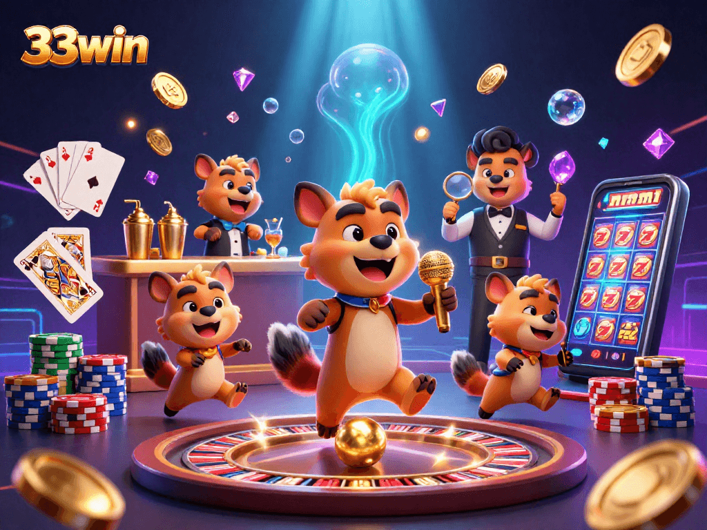 33win captivates players in a vibrant comedy casino scene with dynamic characters and rich visual elements.