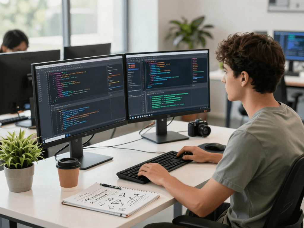 Experience seamless pikashow apk download in a vibrant tech workspace with developers coding and collaborating.