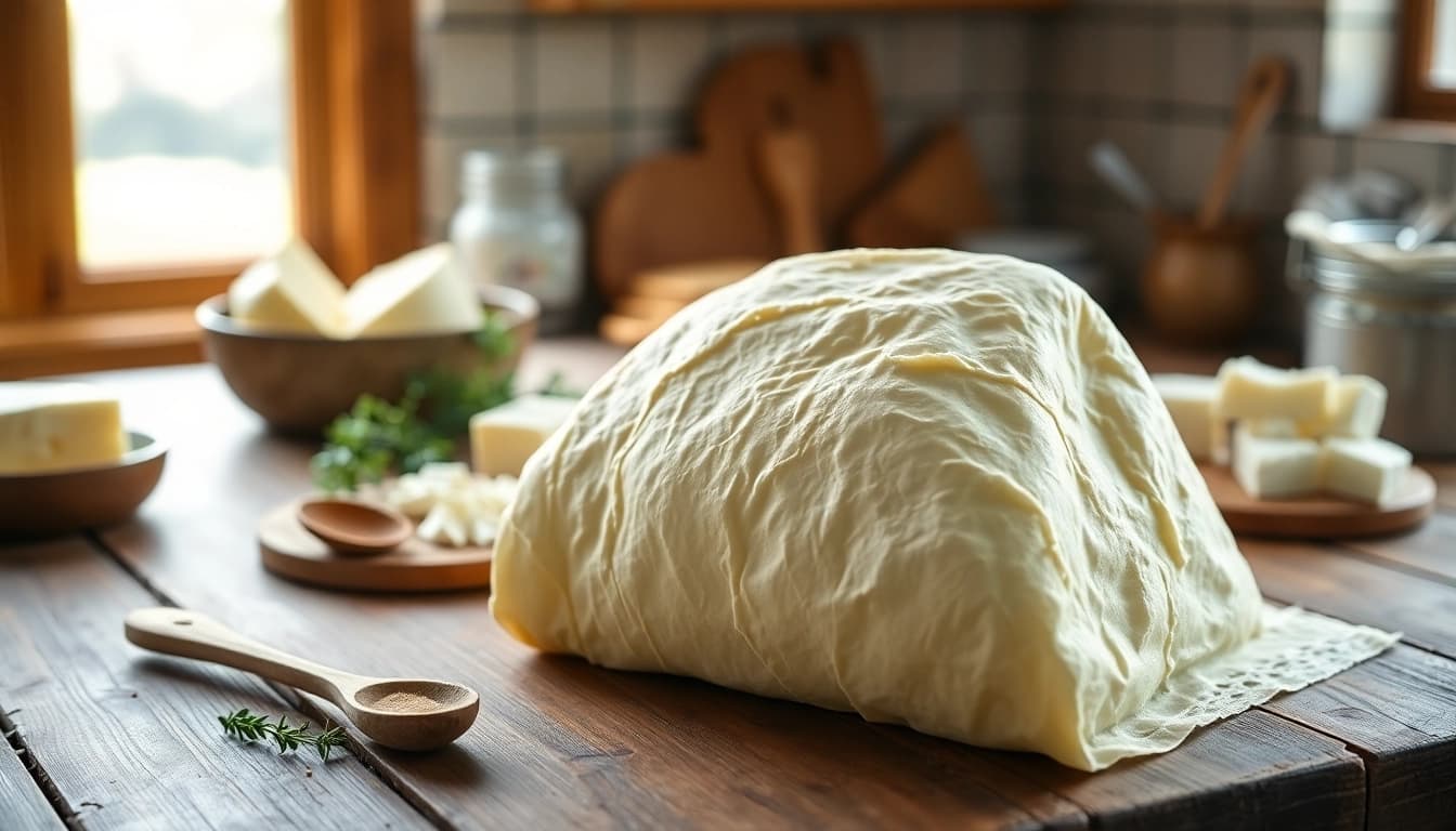 Kaasdoek ligt op een houten tafel met zuivelproducten, perfecte achtergrond voor koken.