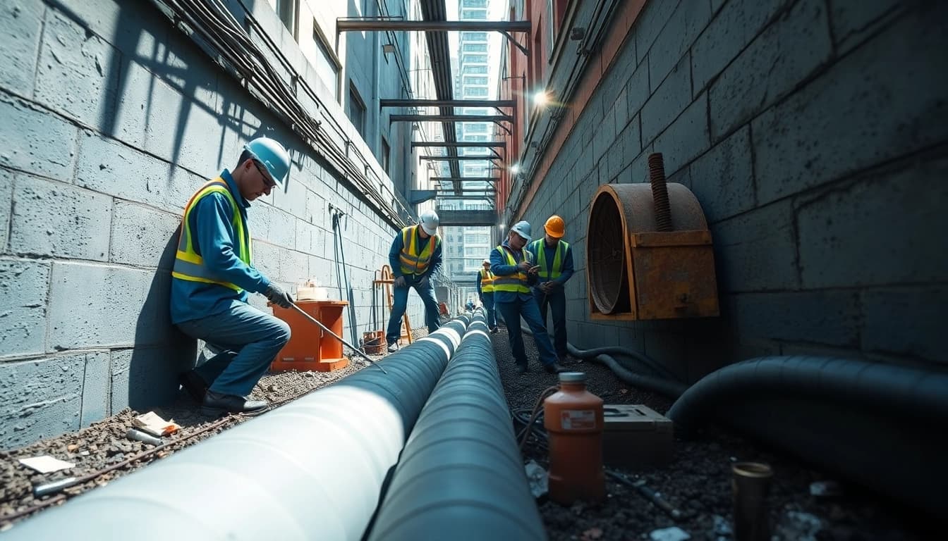 Technicians performing Pipeline Rehabilitation CIPP Liner installation in an urban sewer.