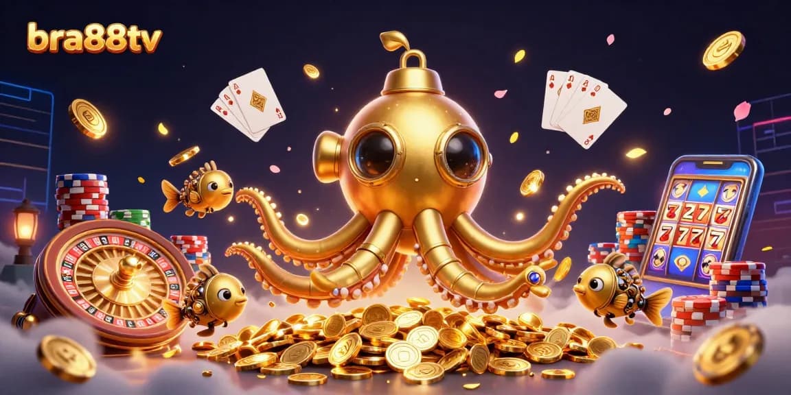 Experience exciting gaming with bra88tv's vibrant 3D casino scene featuring dazzling coins and prizes.