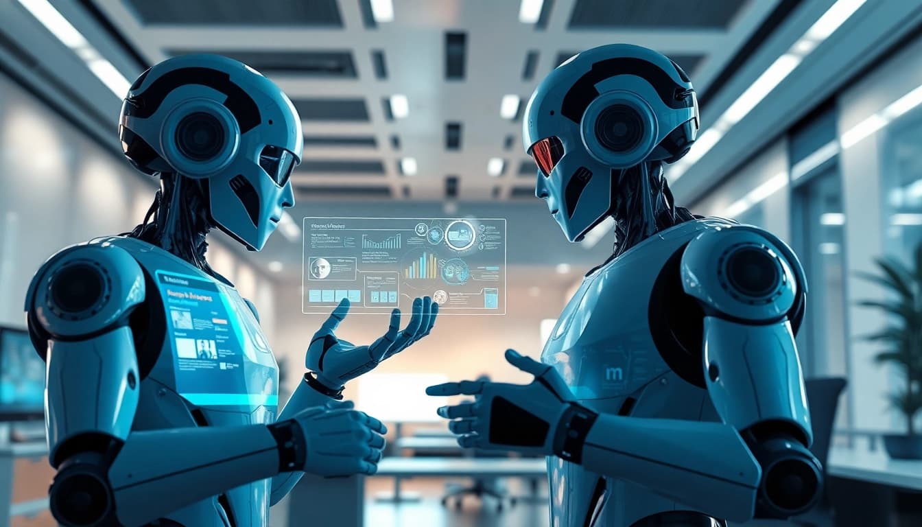 AI agents collaborating in a futuristic office with dynamic workflows.