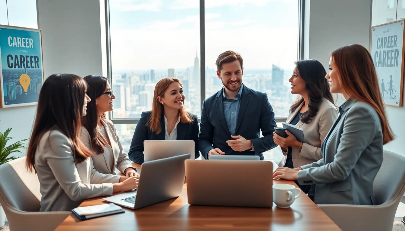 Professionals exploring their ideal career options in a motivational office setting.