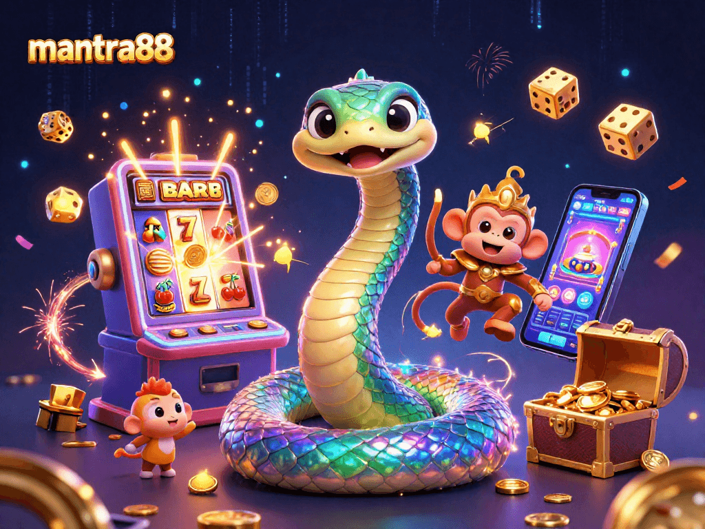 Experience excitement at mantra88 with vibrant 3D visuals of a jackpot and casino games in action.