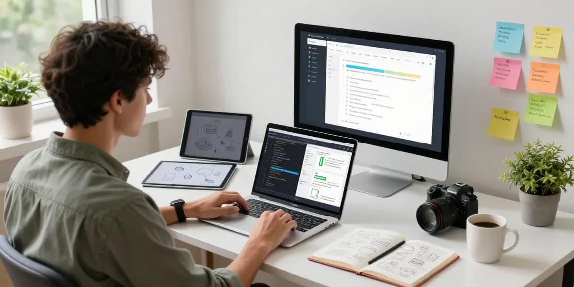 Build internal tools with AI in a modern home office workspace, featuring coding and user-friendly interface design.