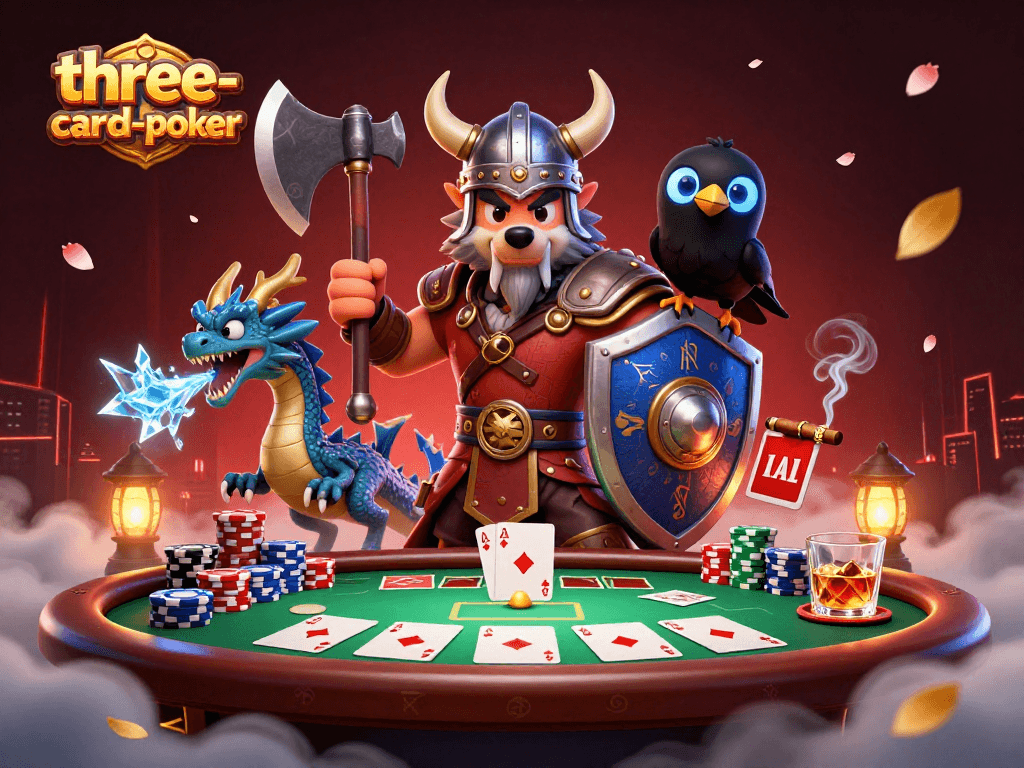 Experience three-card-poker with a Viking wolf, dragon, and poker elements in a vibrant 3D illustration.