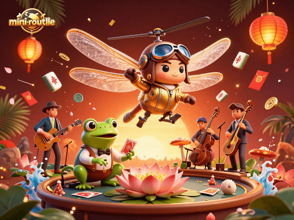 Experience mini-roulette excitement with a vibrant casino-themed illustration featuring a dragonfly pilot and frog dealer.