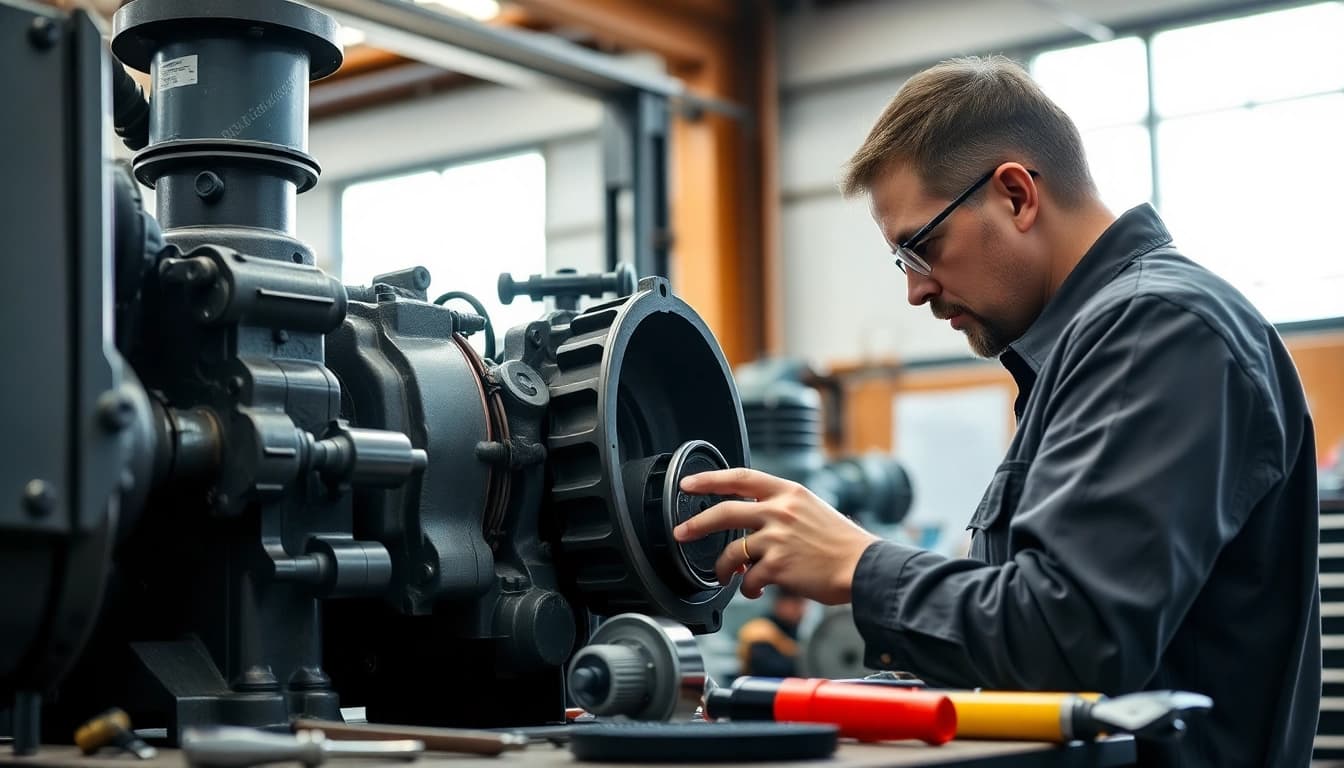 Technician performing equipment service on heavy machinery in a professional workshop.