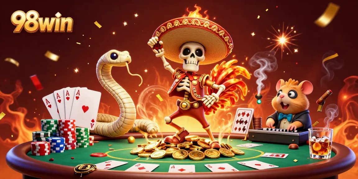Experience the thrill of 98win gaming with vibrant characters and dynamic casino elements in this visual celebration.