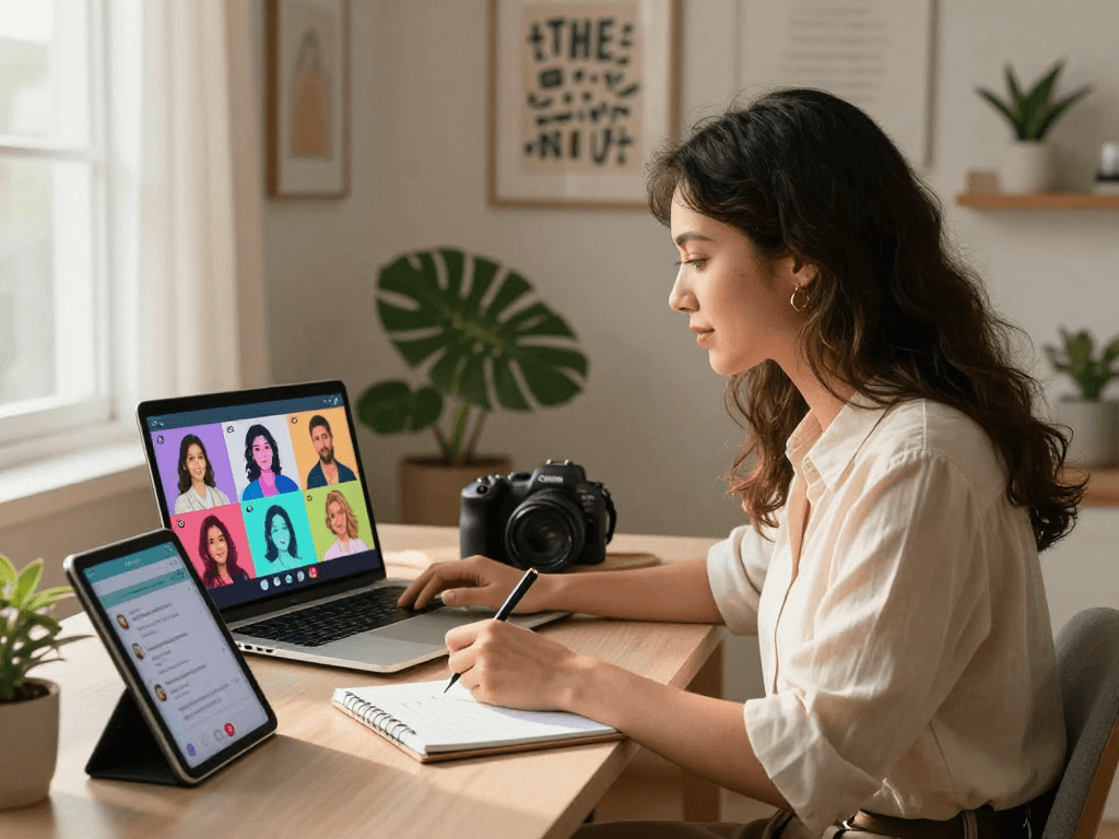 Young professional woman engaging in a video call with AI gf characters on screen, modern tech workspace.