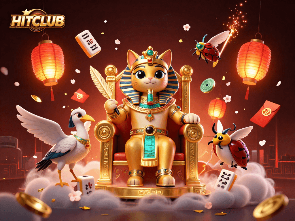Experience HITCLUB with a dazzling scene of a golden throne, pharaoh cat, and festive game elements.