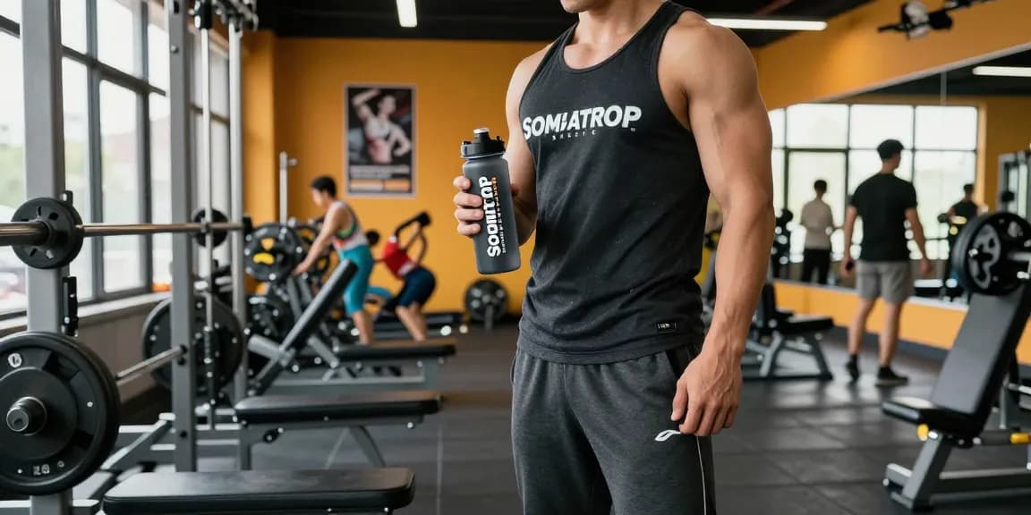 Active individual in a vibrant gym showcasing the Somatrop Steroid Shop brand, preparing for a workout.