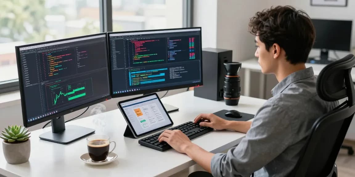 Developer engaged in software coding at a modern tech workspace showcasing productivity and innovation with bdtjl elements.