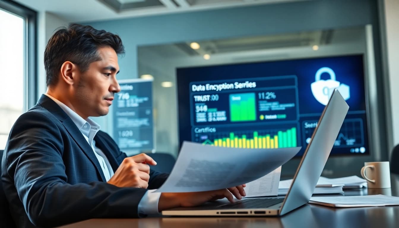 Understand cyber essentials cost through a professional analyzing data in a modern office.