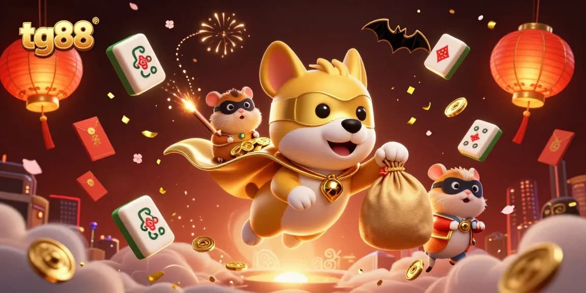Engage in thrilling casino action with tg88's hero dog flying amidst coins and bonuses.