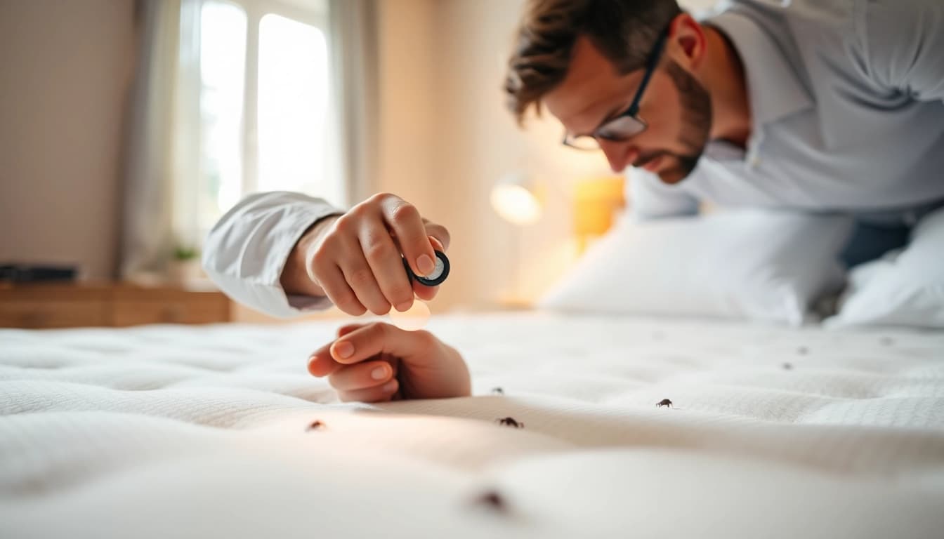 Treating bed bugs with expert inspection techniques in a clean, bright bedroom environment.