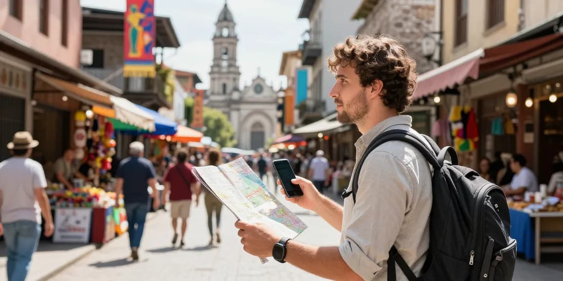 Traveler enjoying a guided tour with NAGA2000 in an exciting cityscape.