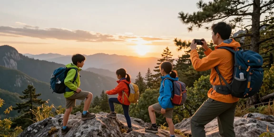 A family adventure in nature with the keyword mantra88, exploring mountains while hiking and enjoying quality time.