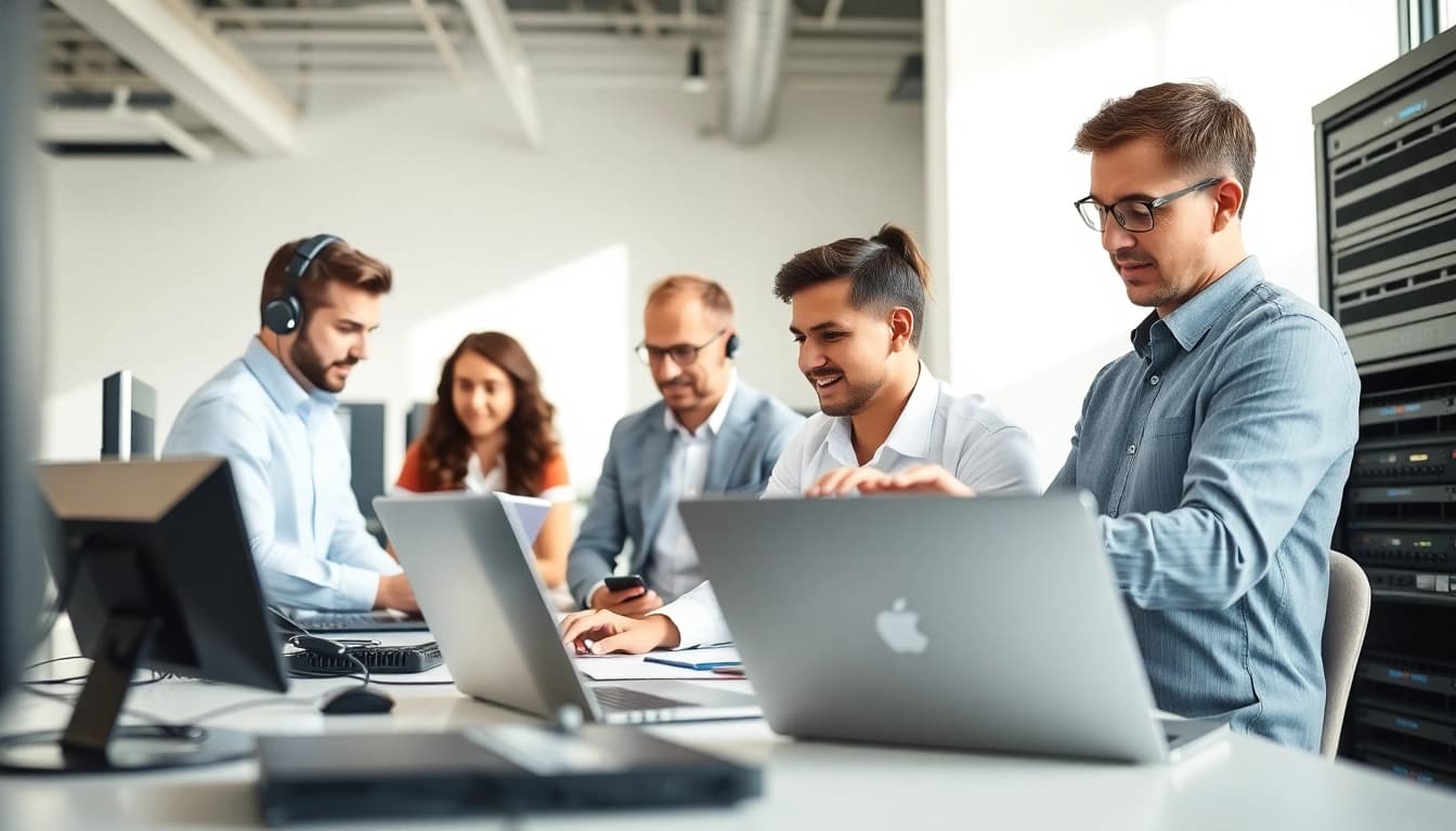 Highlighting it support in business with a collaborative team solving IT issues in an office environment.