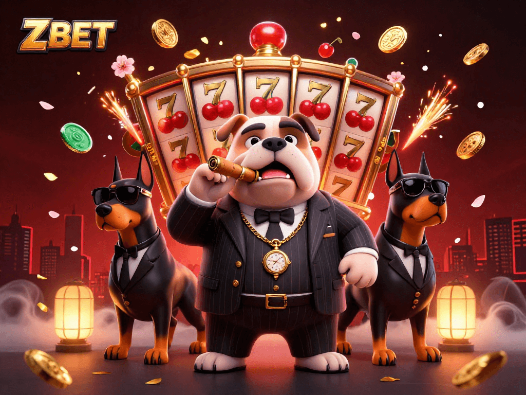 ZBET casino illustration showcasing a mafia bulldog and Doberman bodyguards amid colorful slots and festive elements