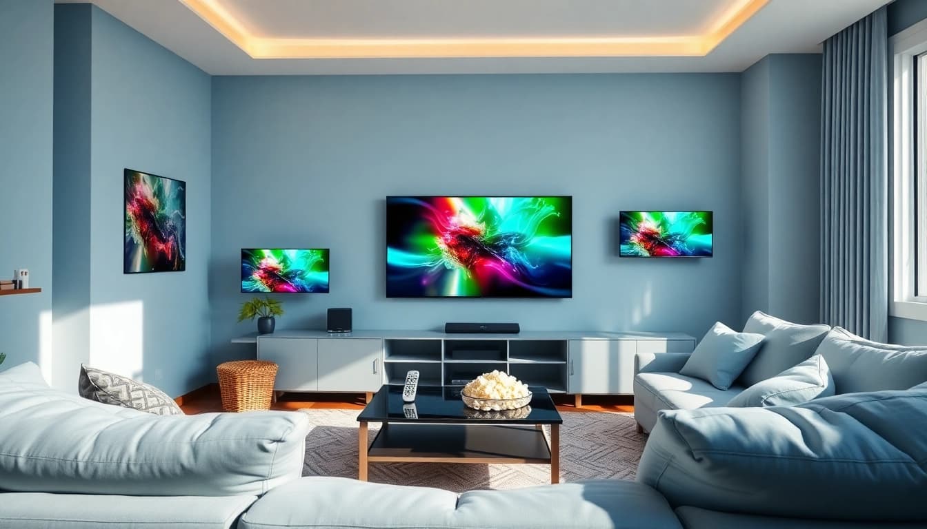 Enjoy a vibrant IPTV Canada streaming setup in a cozy living room with multiple screens.