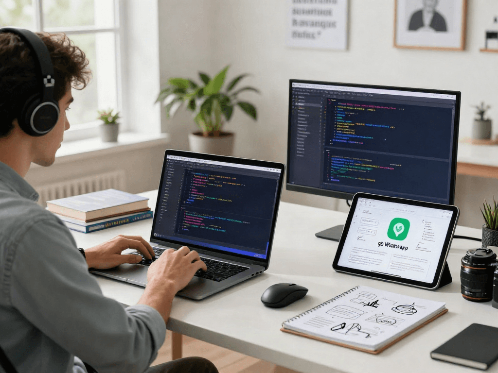Developer showcasing gb whatsapp apk coding on laptop in a modern workspace.