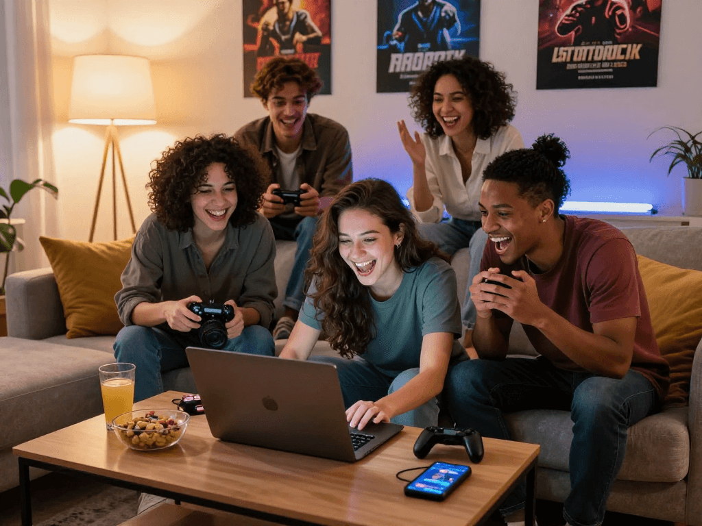 Group enjoying a real sex game in a cozy living room with laughter, snacks, and gaming accessories.