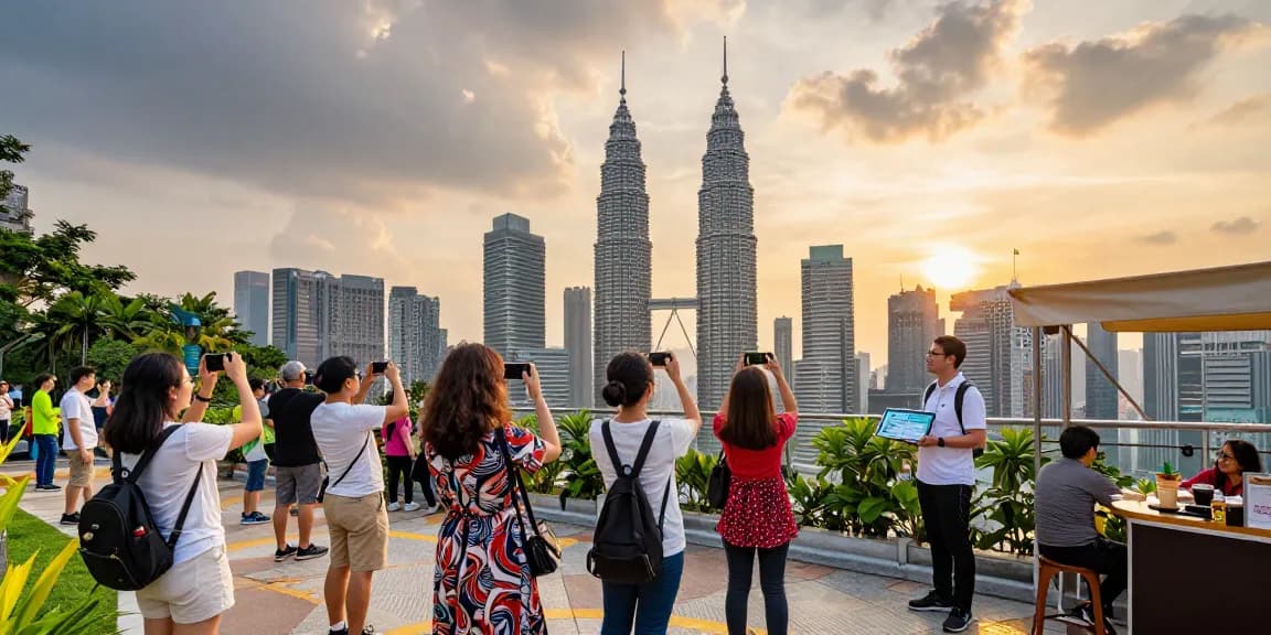 Merdeka 118 Acttractions featuring tourists enjoying the stunning skyline view from the observation deck at sunset.