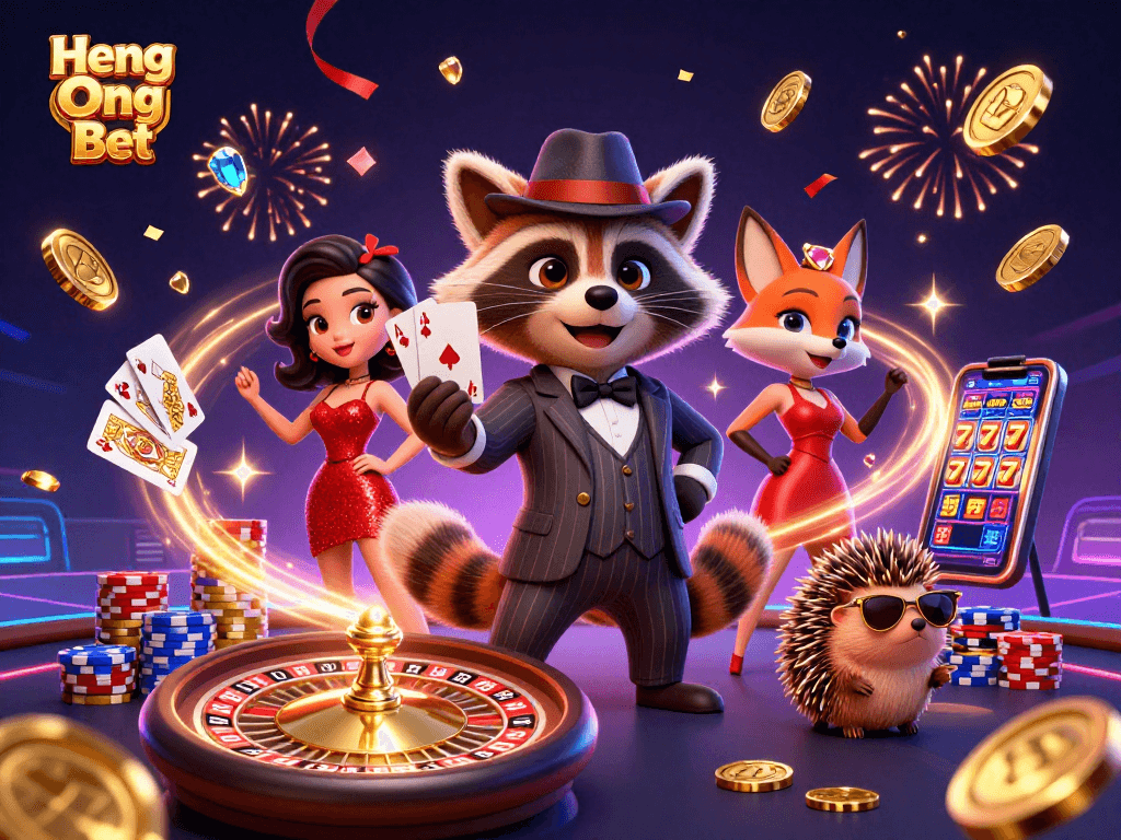 Engage in thrilling gameplay at Heng Ong Bet with raccoon, fox, and hedgehog celebrating a winning hand!