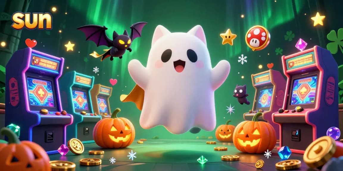 Play slots with a friendly ghost cat in a haunted casino setting filled with vibrant gaming elements.