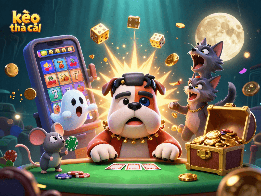 Engage with the lively scene featuring kèo nhà cái, cartoon characters, and exciting casino elements.