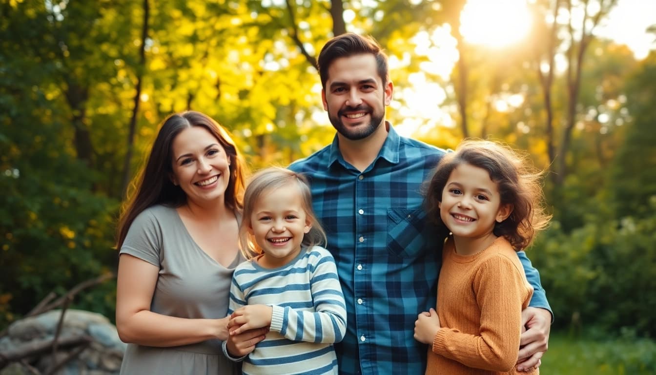 Family photographer Woodstock Ontario capturing a joyful family portrait outdoors in lush greenery.
