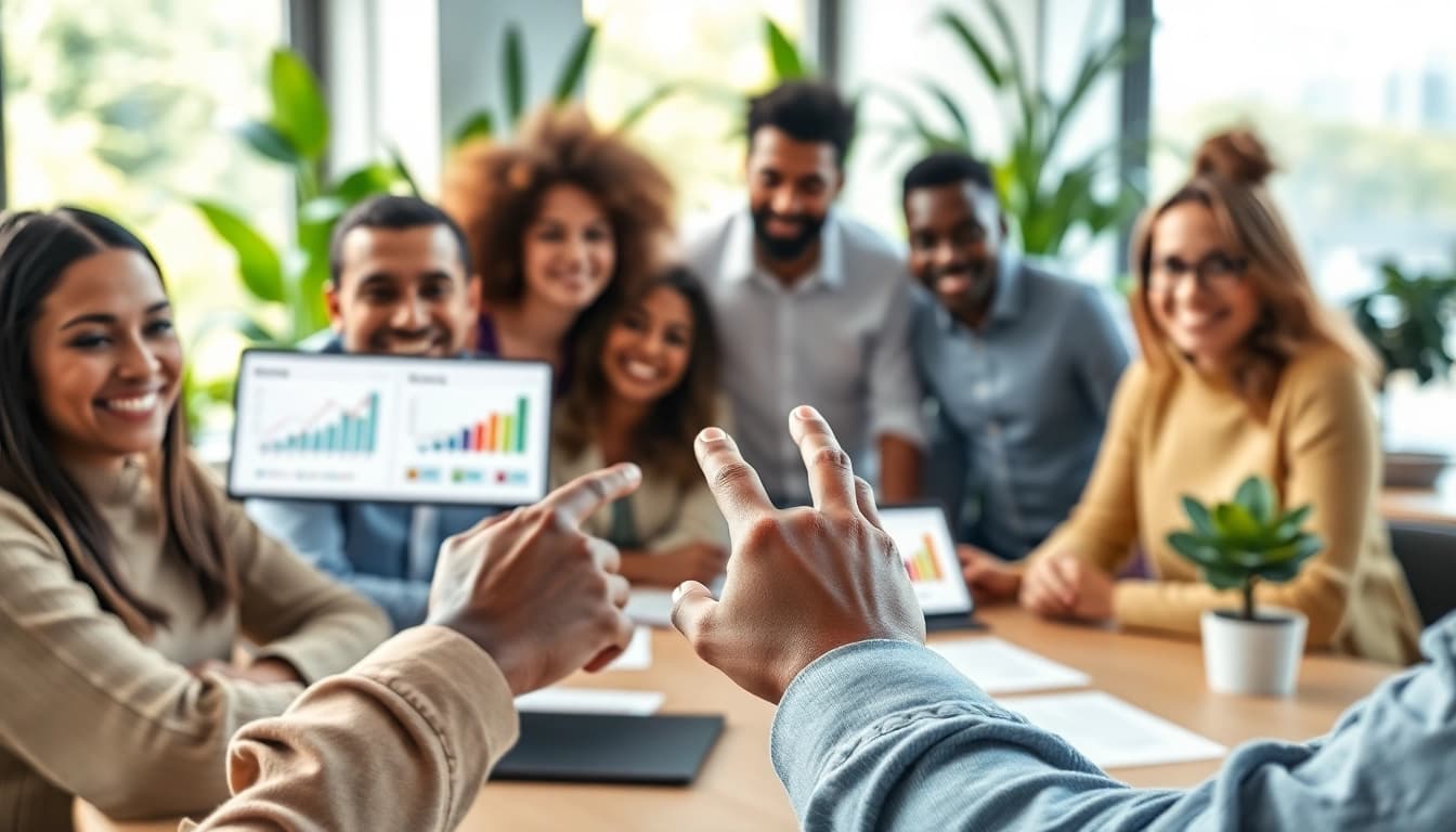 Collaborative team setting Achieve Your Goals With AI with digital interfaces and goal charts.