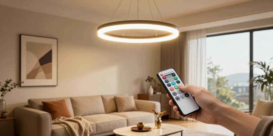 lustra cu telecomanda în living modern, ajutând la crearea unei atmosfere confortabile