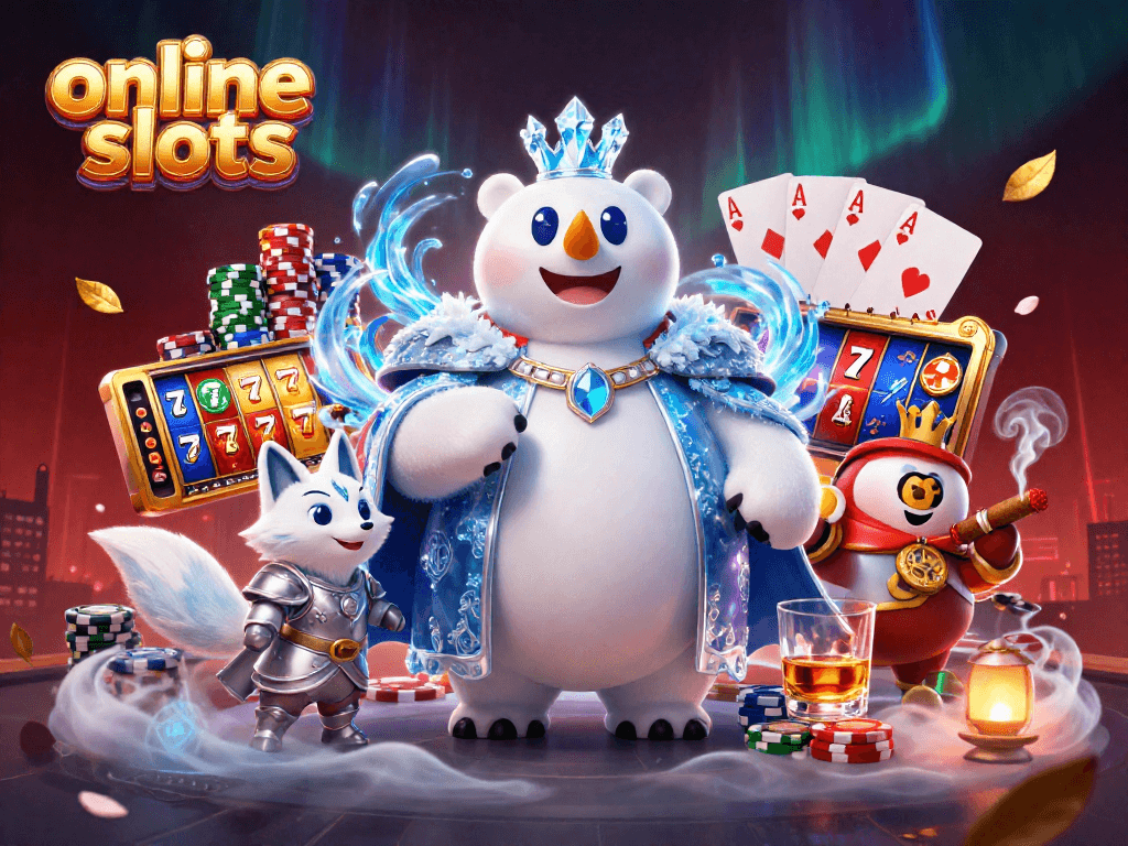 Engage with online slots featuring vibrant reels and characters amidst casino elements.
