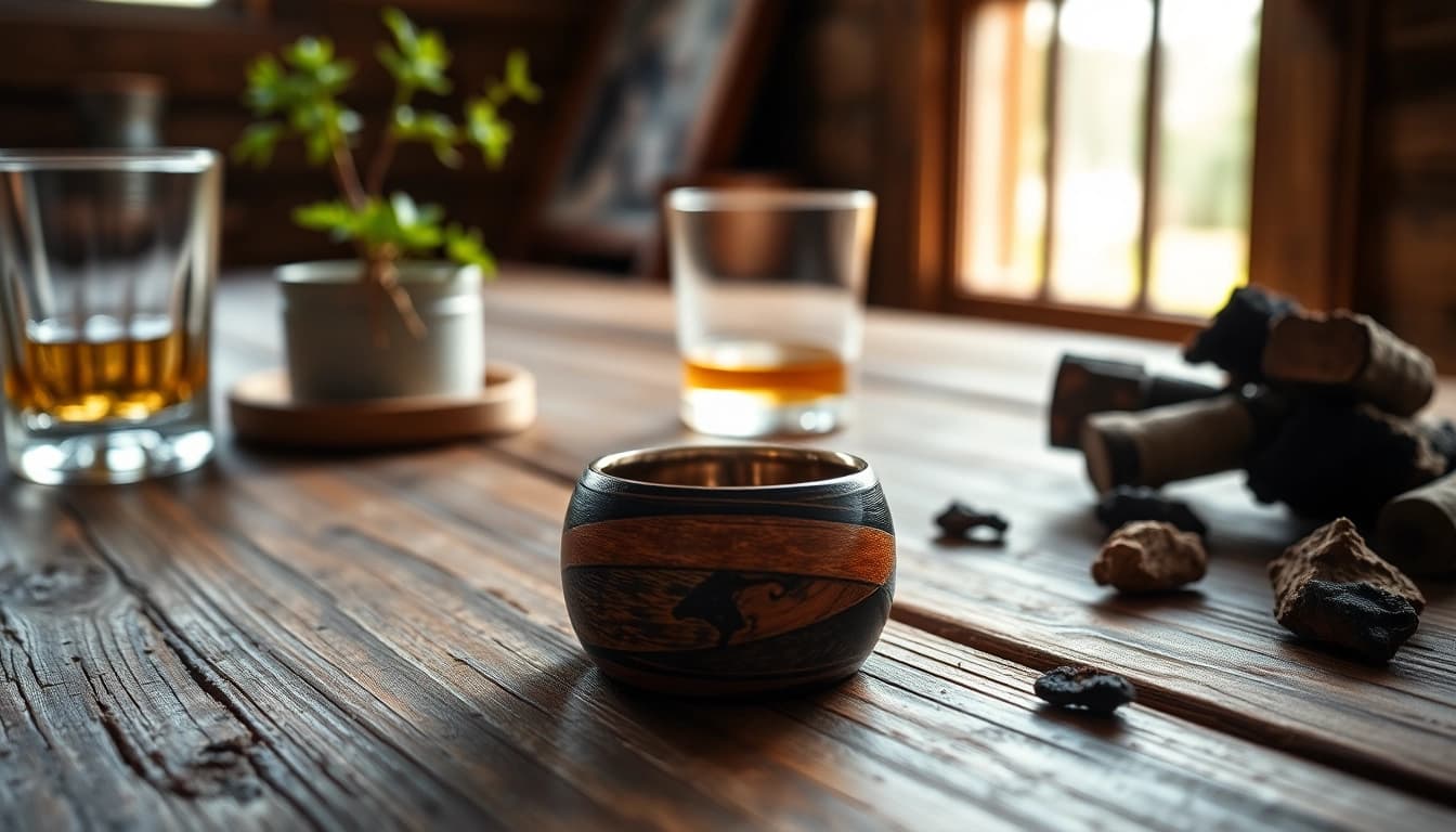 Admiring Whiskey Barrel Wedding Bands with intricate details and rustic charm on a wooden table.