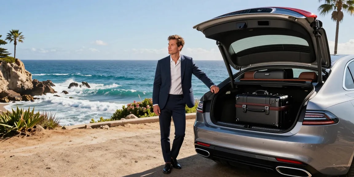Pengemudi LUXURY 777 berdiri di samping mobil mewah di tepi pantai, pemandangan indah dengan cahaya alami.