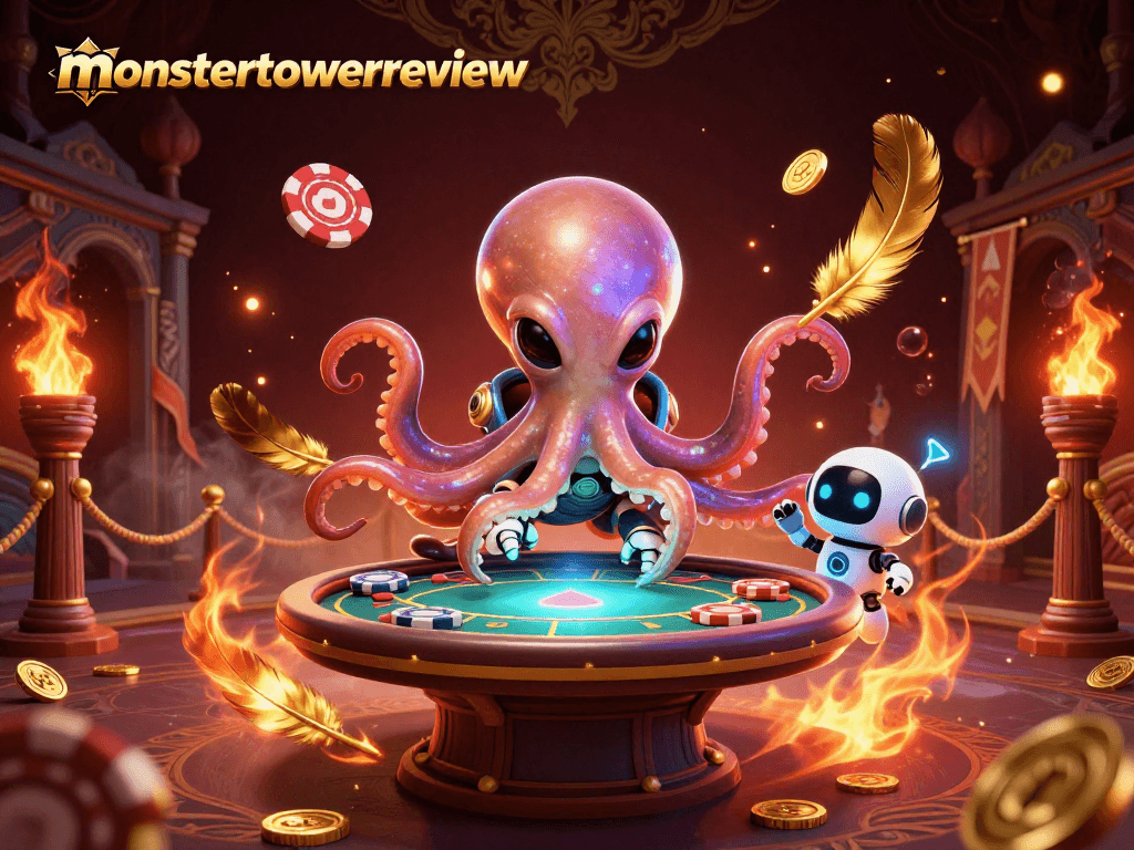 Engage in thrilling action with the alien octopus at "monstertowerreview", perfecting strategies at the poker table.