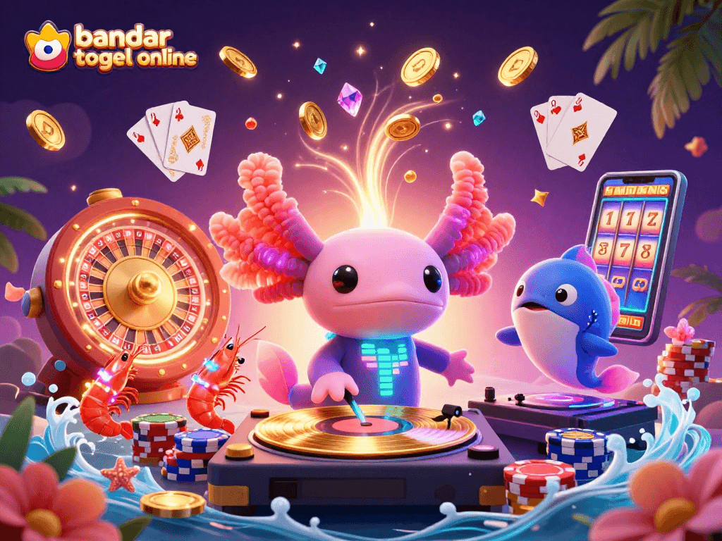 Engage with bandar togel online through vibrant, dynamic 3D cartoon entertainment featuring a lively axolotl DJ and friends.