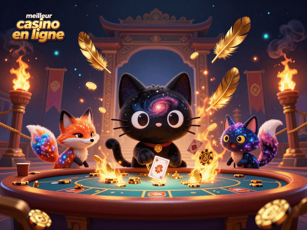 Profitez d'une illustration du meilleur casino en ligne avec un chat noir magique et un renard nébuleux.