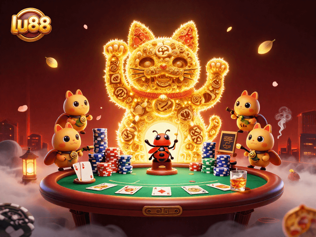 Experience winning fun at lu88 with vibrant casino symbols and a waving lucky cat in a dynamic 3D environment.