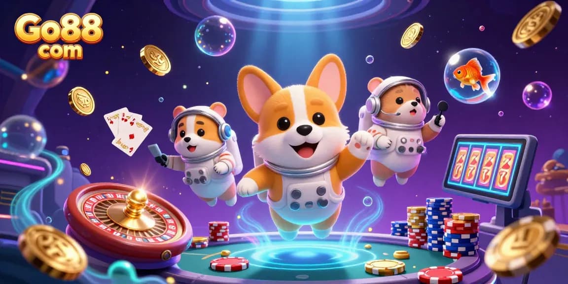 Win big with Go88 com in this vibrant 3D casino scene featuring floating coins and dynamic game elements.