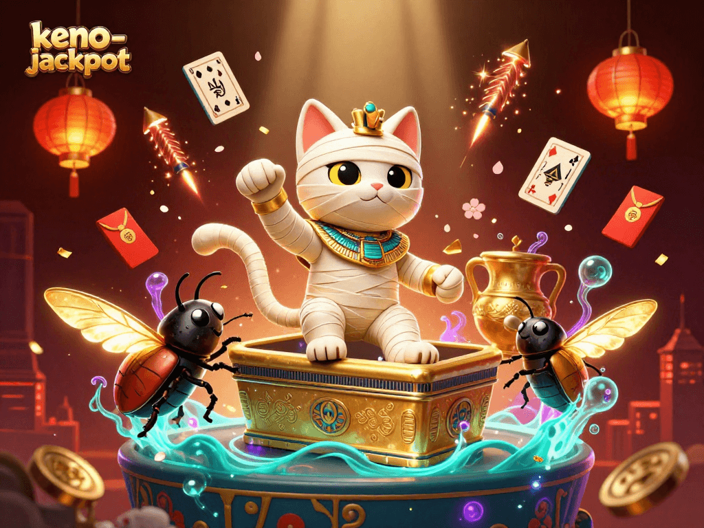 Experience keno-jackpot thrills with a dynamic casino scene featuring lucky charms and vibrant characters.
