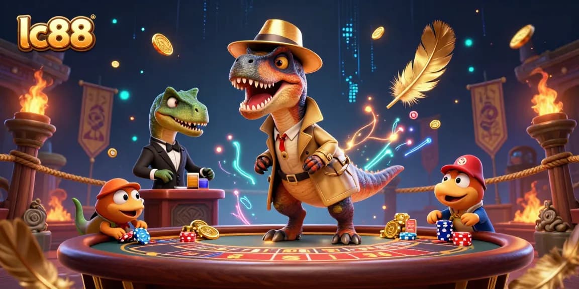 Experience thrilling gameplay at lc88 where a velociraptor attempts to count cards amidst a lively casino scene.