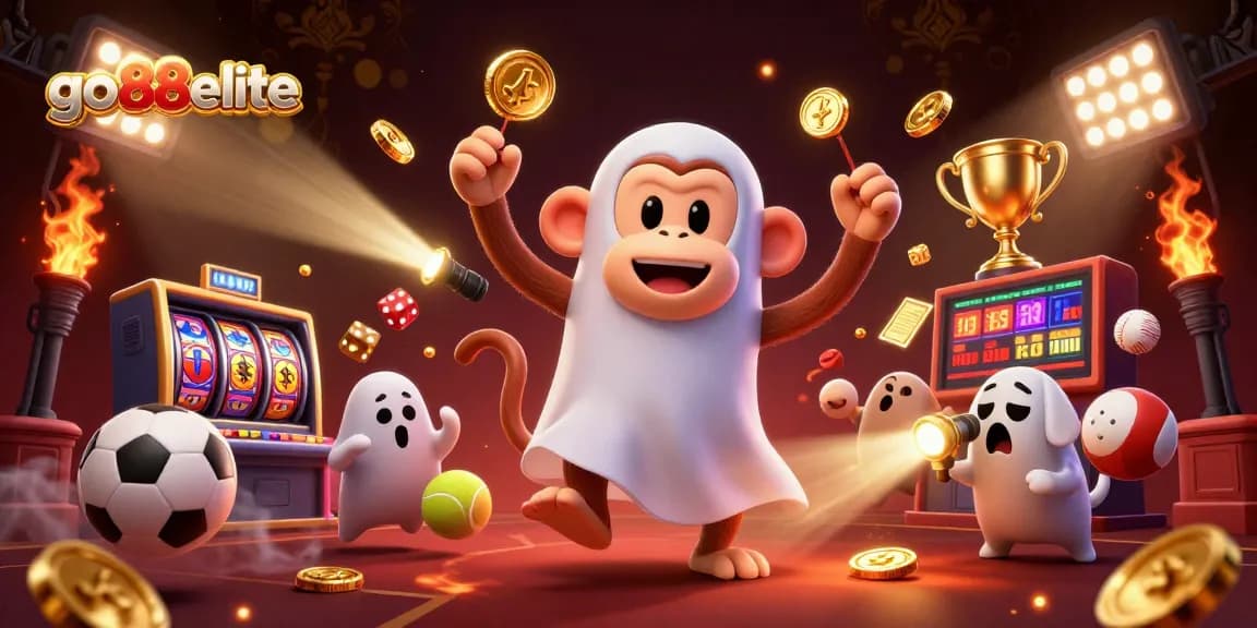 Explore the excitement of go88elite with the playful poltergeist monkey juggling golden coins in a lively casino scene.