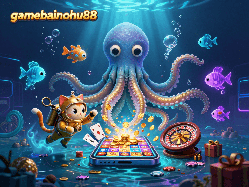 Play exciting slot games with gamebainohu88 amidst glowing treasure and a diving cat.