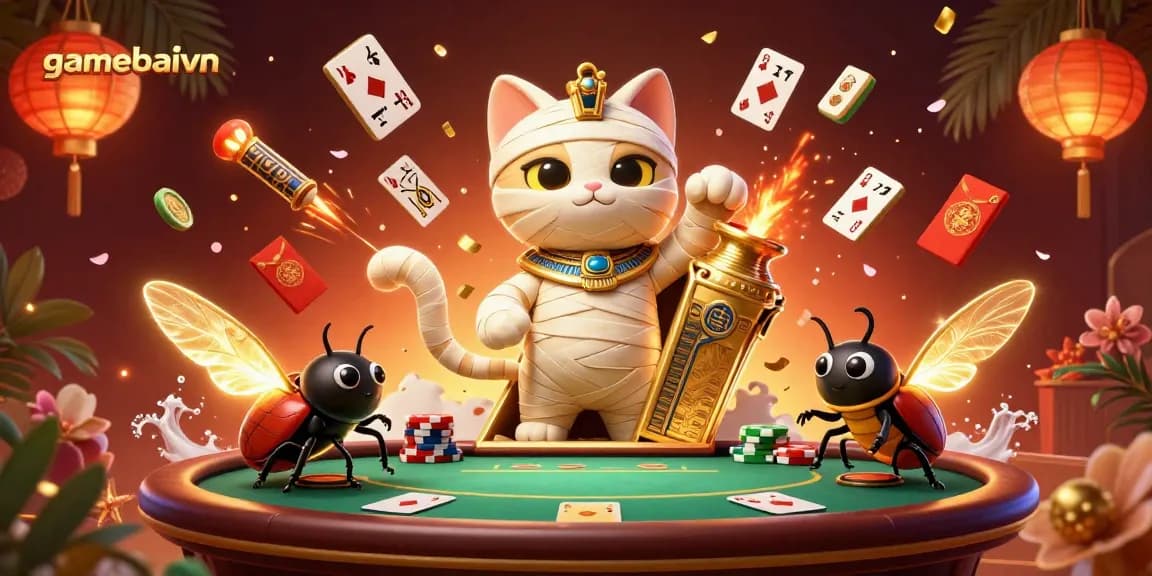 Engage in poker gameplay at gamebaivn with vibrant Egyptian-themed elements and rich casino imagery.