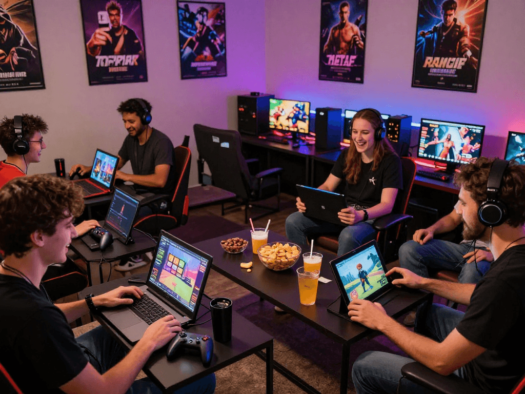 Players enjoying popular porn games in an inviting gaming lounge with modern devices and vibrant lighting.
